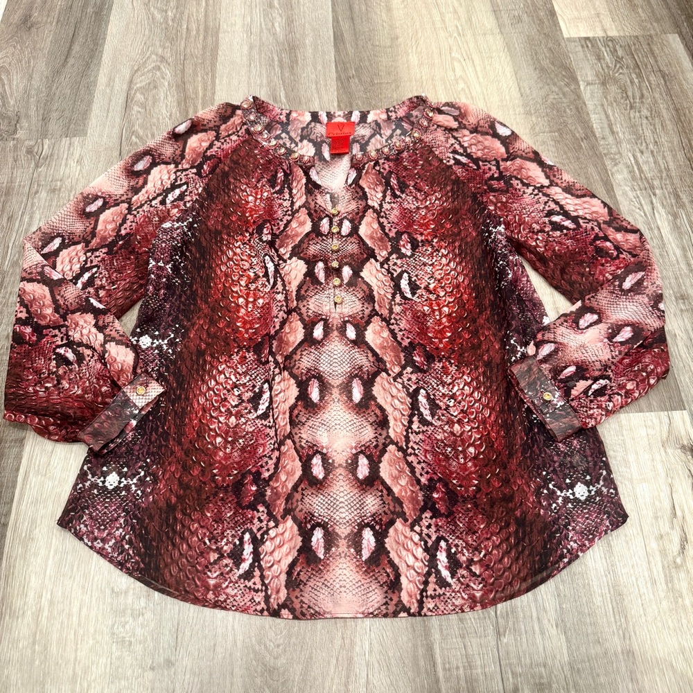 V Cristina Blouse Womens Medium Sheer Snakeskin Pattern Beaded Neckline